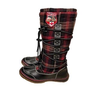 Pajar Boots Womens 7.5 Highlander Tartan Plaid Fabric + Leather Red Black